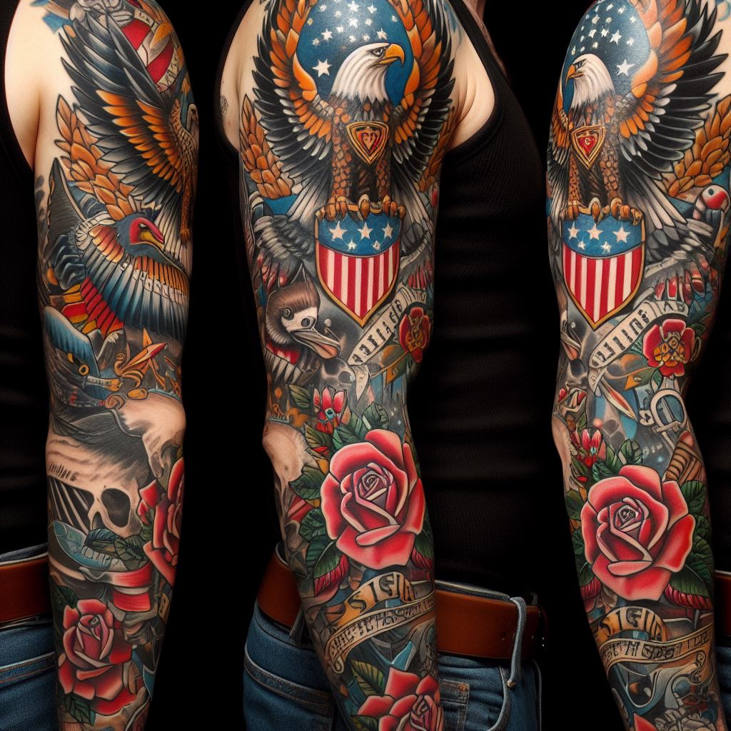 An American traditional sleeve tattoo featuring classic designs like eagles, anchors, and roses, inked in bold colors on the arm.