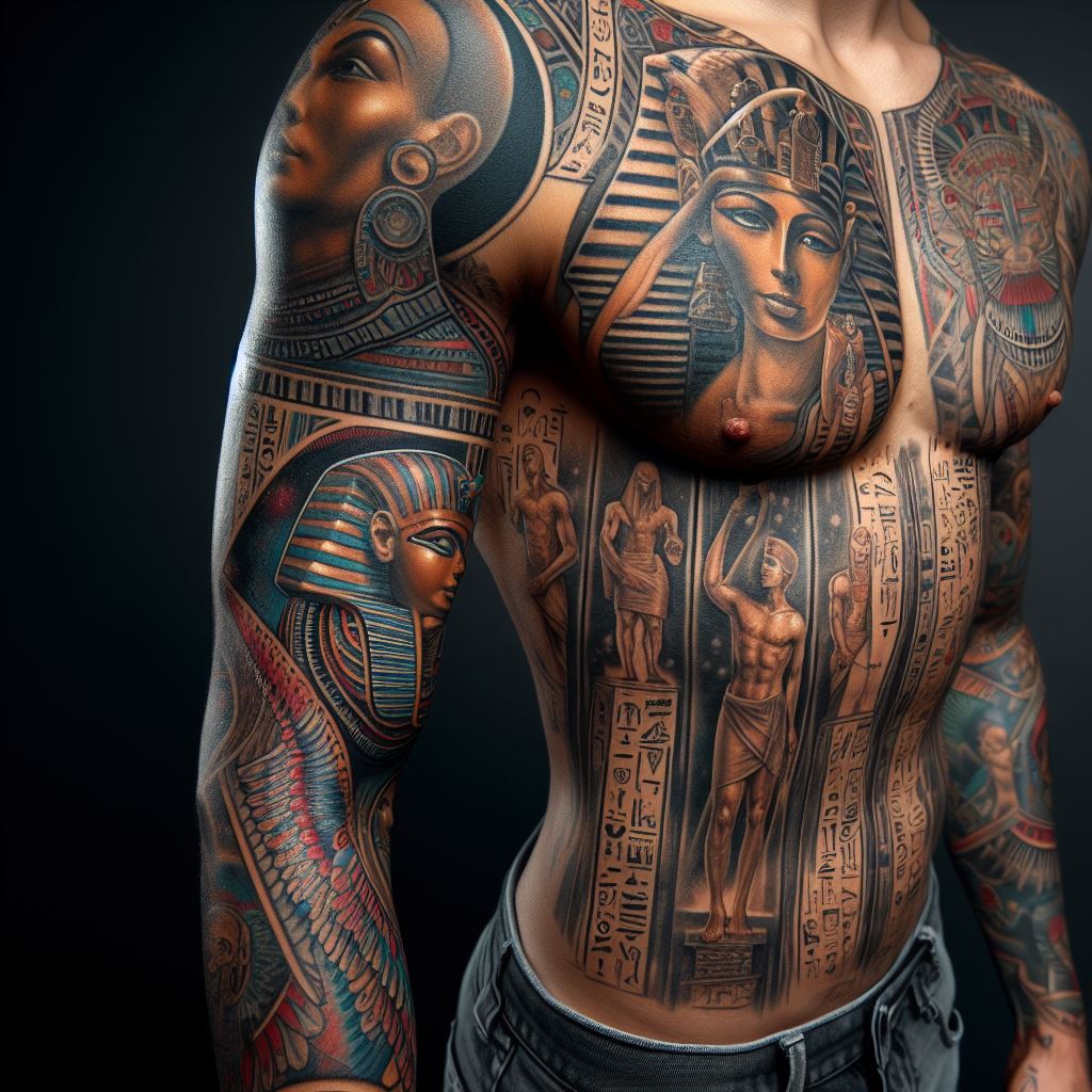 A sleeve tattoo depicting an ancient Egyptian theme with pharaohs, pyramids, and hieroglyphs, wrapping around the entire arm.