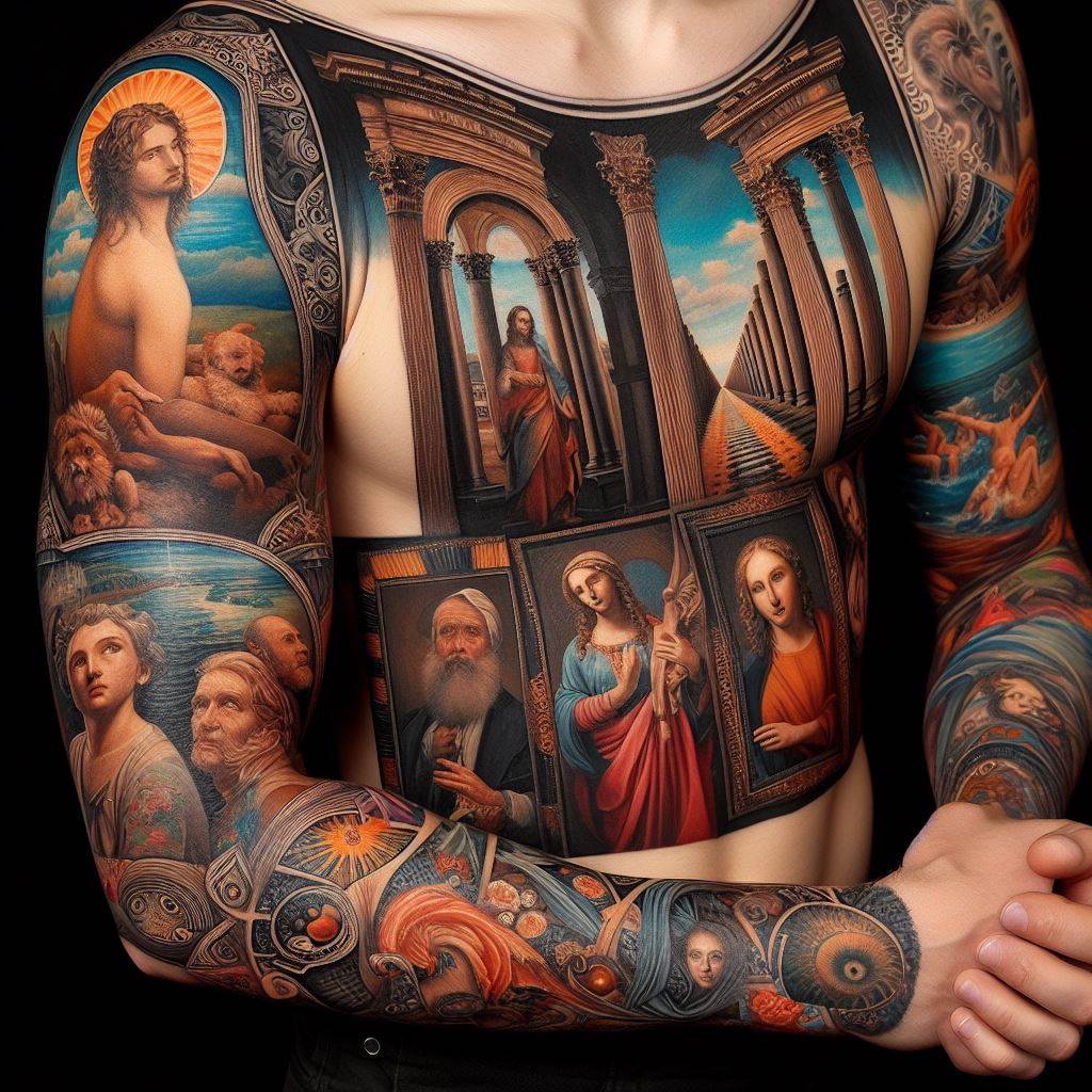 An artistic sleeve tattoo showcasing a series of famous paintings and art pieces in a collage style, covering the arm from shoulder to wrist.