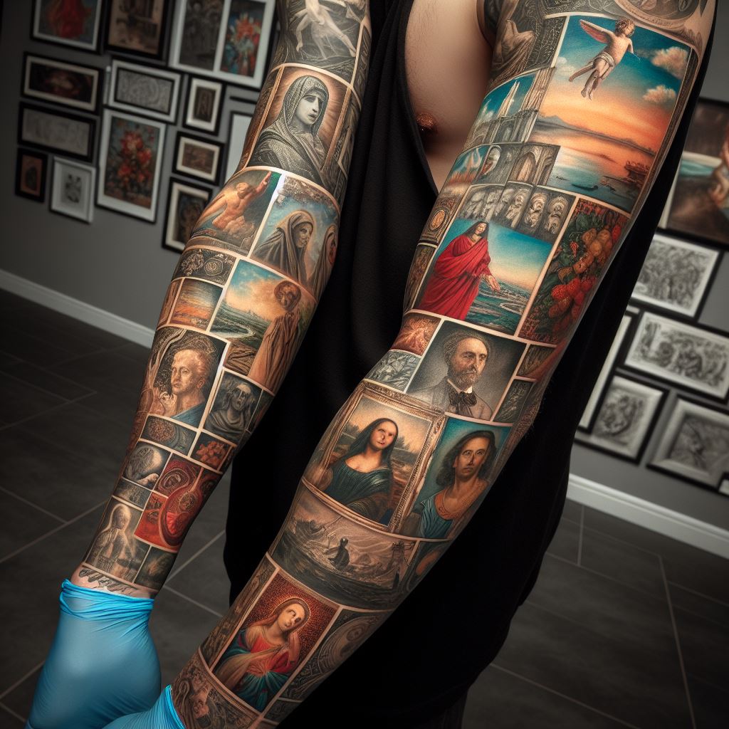 An artistic sleeve tattoo showcasing a series of famous paintings and art pieces in a collage style, covering the arm from shoulder to wrist.