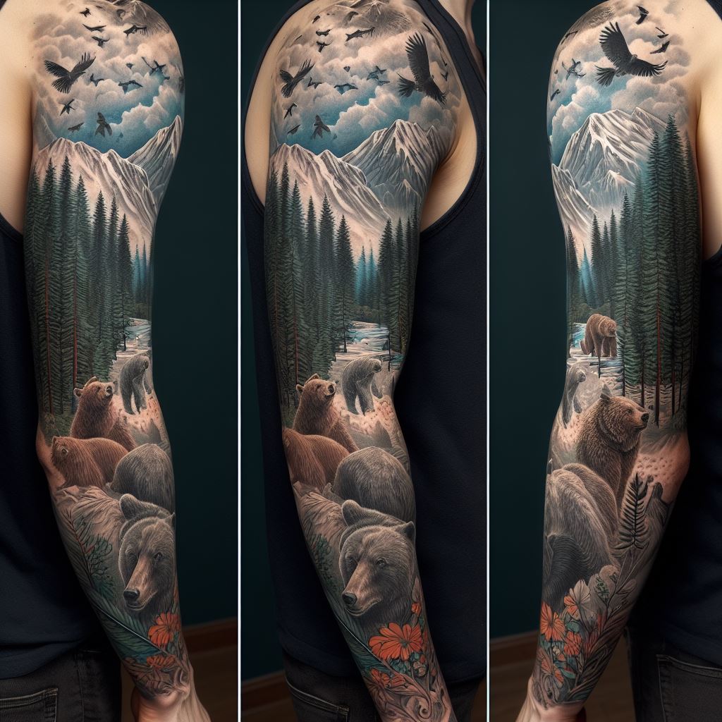 A nature-inspired sleeve tattoo with a forest scene, including trees, animals, and a mountain landscape, designed for the full arm.