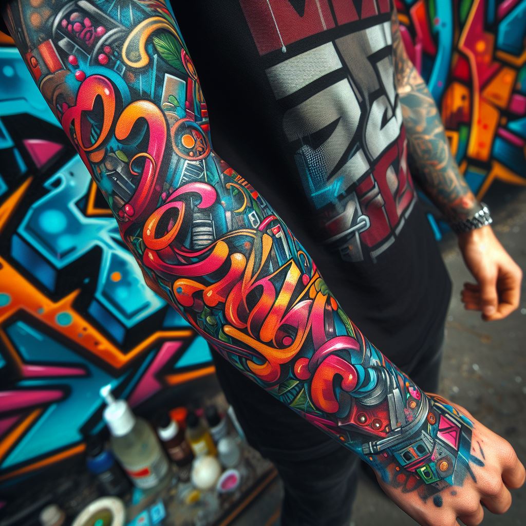 An urban graffiti-style sleeve tattoo with vibrant colors and bold letterings, covering the forearm.