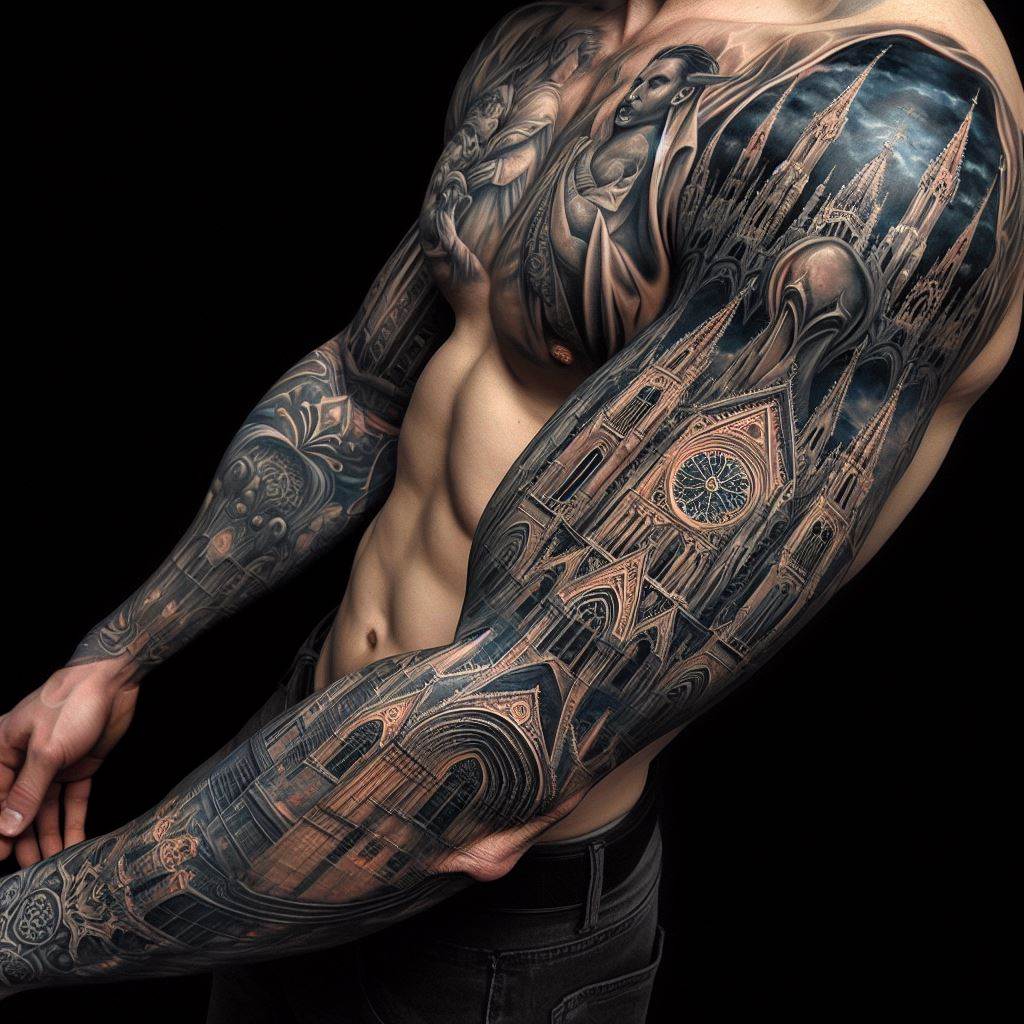 A sleeve tattoo featuring a Gothic architecture theme with detailed images of cathedrals, gargoyles, and stained glass windows, extending across the arm.