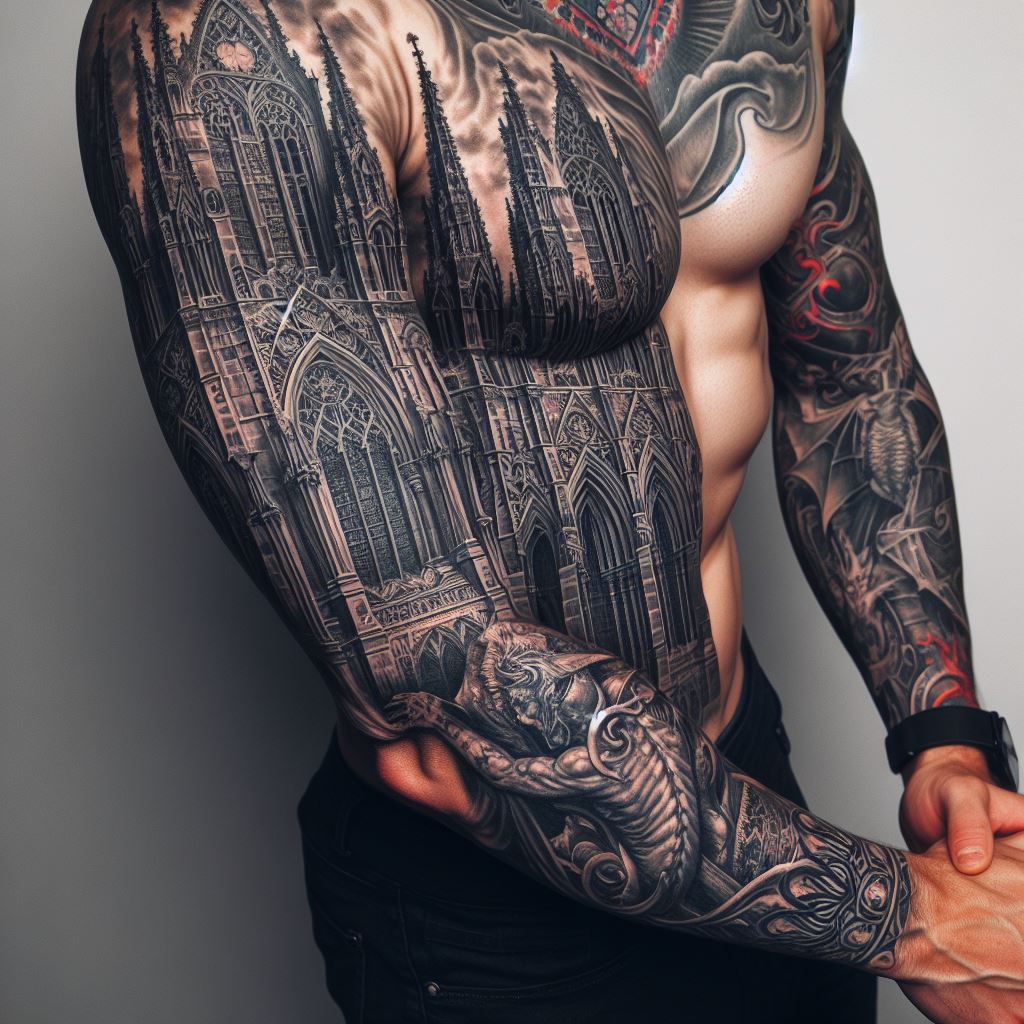 A sleeve tattoo featuring a Gothic architecture theme with detailed images of cathedrals, gargoyles, and stained glass windows, extending across the arm.