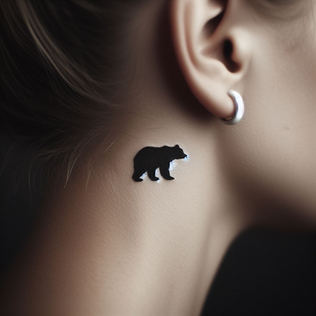 A small, whisper-thin silhouette of a bear standing upright, tattooed just behind the ear. This subtle tattoo is almost hidden, yet reveals a powerful symbol of strength and independence when noticed. The simplicity of the bear's outline against the skin, without any intricate details, speaks volumes about finding courage and standing strong, echoing the bear's symbolic meanings in a minimalist fashion.