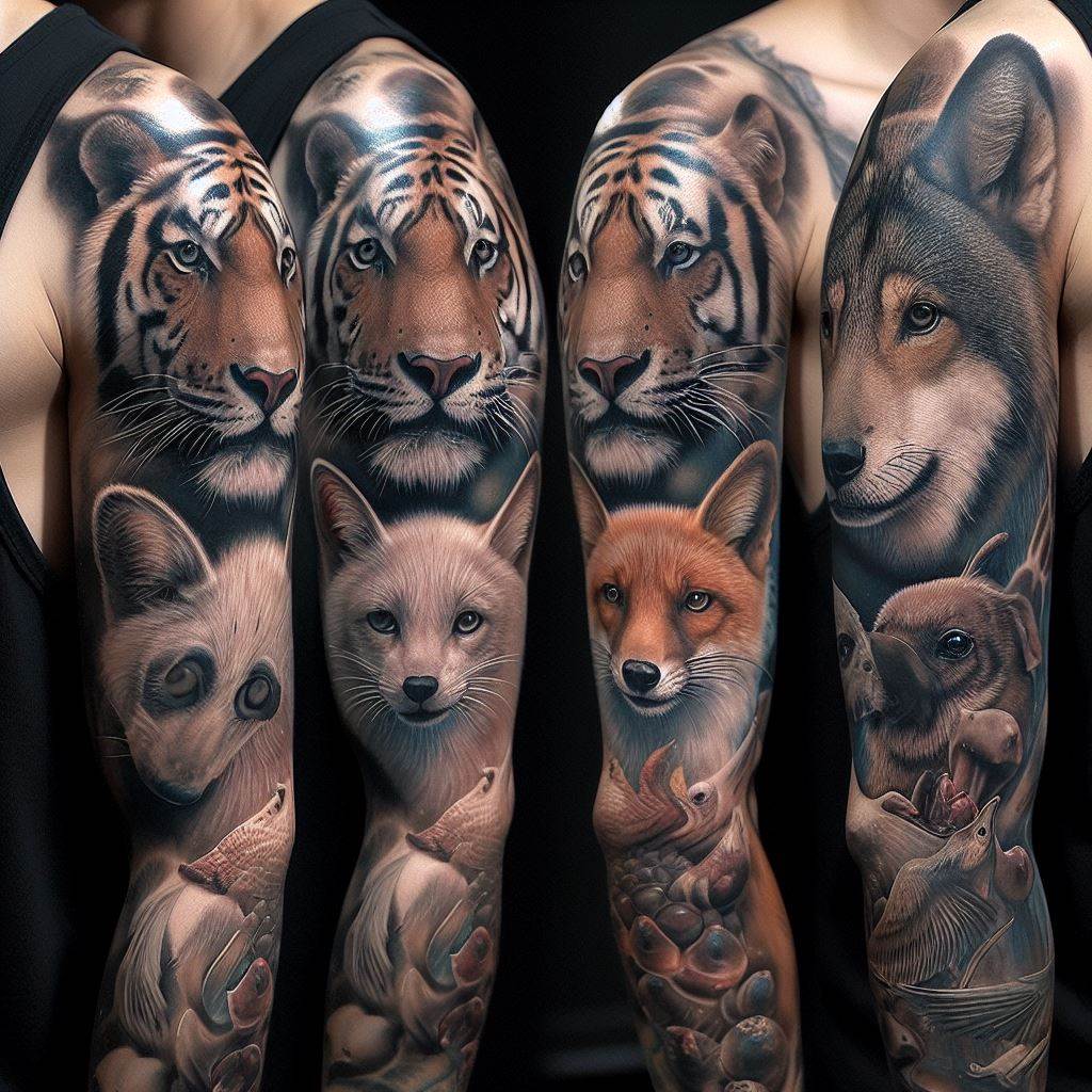 An animal portrait sleeve tattoo with realistic inkings of pets and wild animals, meticulously crafted on the upper arm.