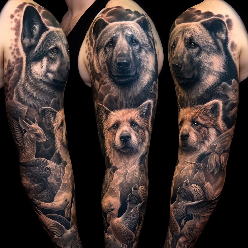 An animal portrait sleeve tattoo with realistic inkings of pets and wild animals, meticulously crafted on the upper arm.
