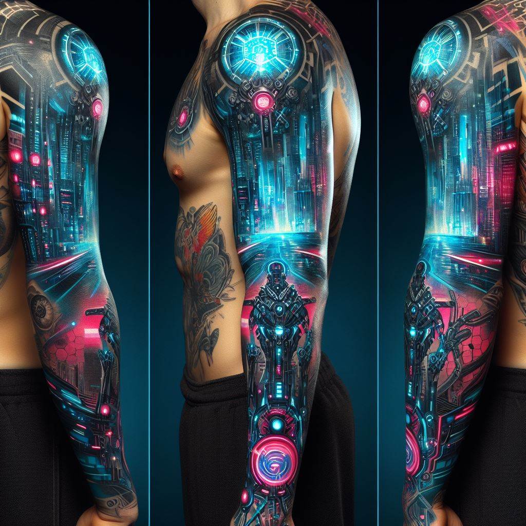 A sleeve tattoo with a cyberpunk theme, including futuristic cityscapes, neon lights, and robotic elements, designed for the entire arm.