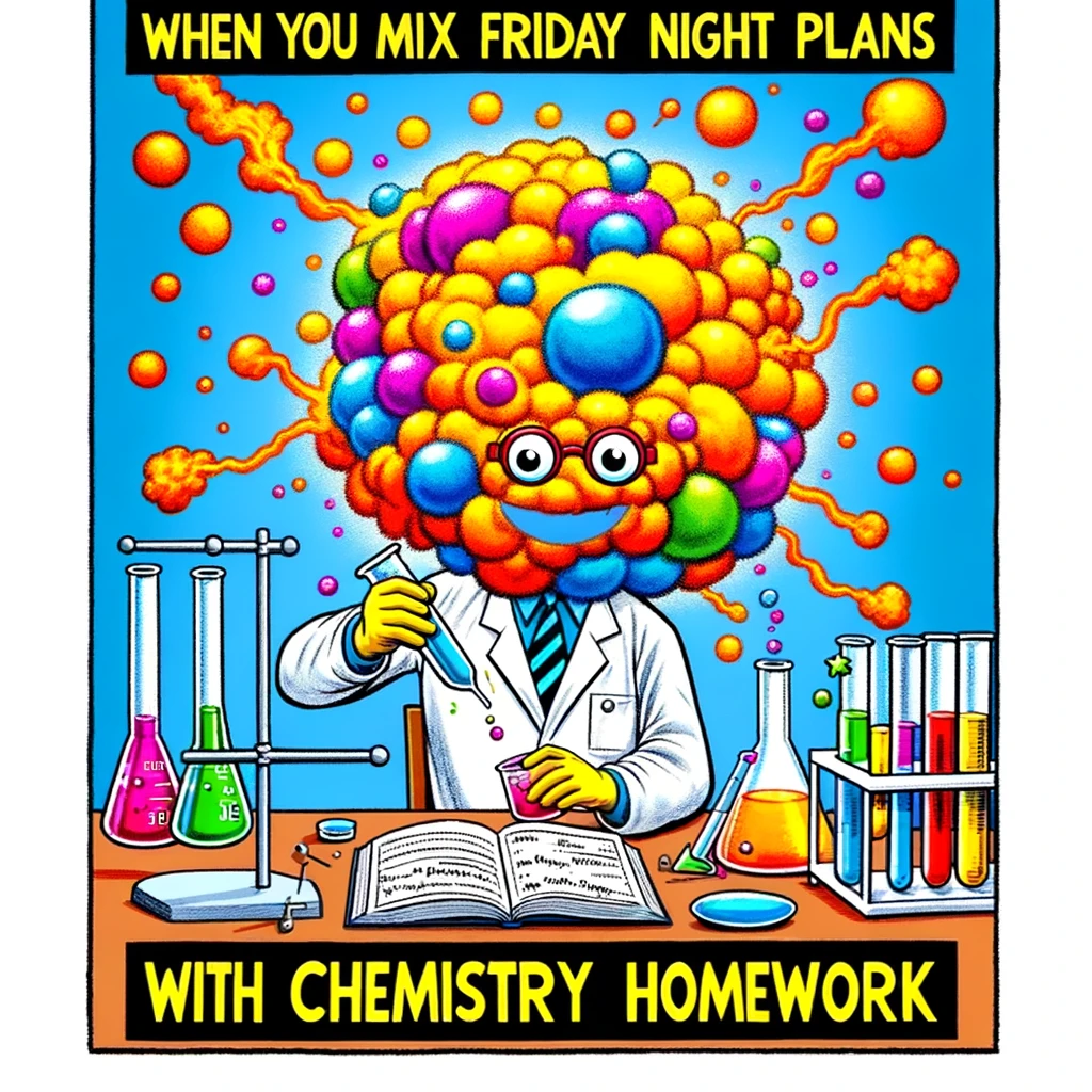 A humorous image of a chemistry lab with a scientist accidentally mixing chemicals, resulting in a colorful explosion. The caption says, "When you mix Friday night plans with chemistry homework."