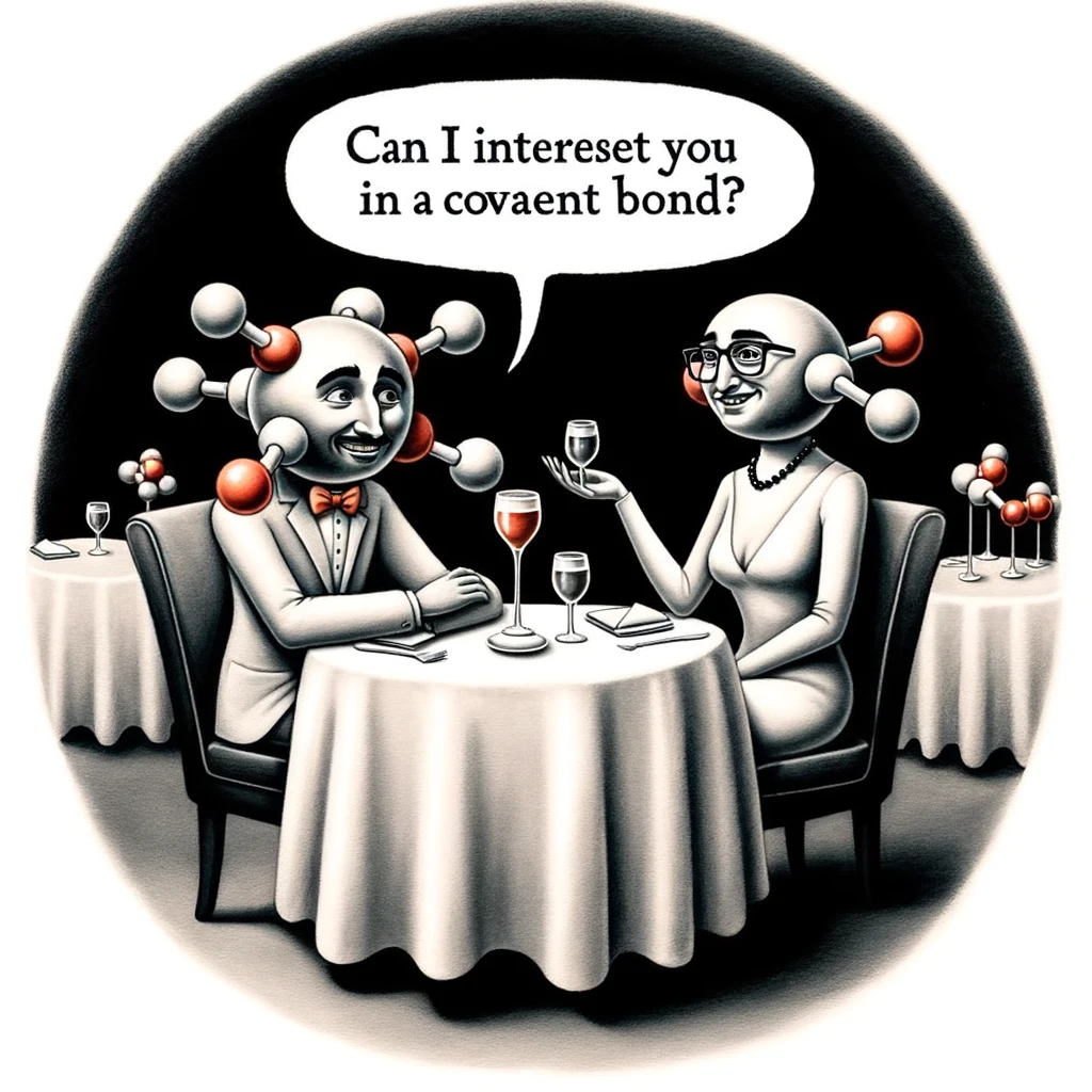 An image of two molecules on a date in a fancy restaurant. The molecules are depicted with faces, and one is shyly passing a bond to the other. The caption reads, "Can I interest you in a covalent bond?"