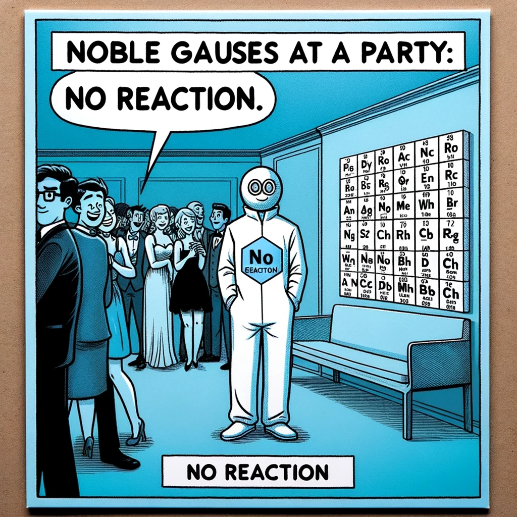 A comic-style image of a periodic table at a party, with the noble gases standing in a corner, not reacting to anyone. The caption says, "Noble gases at a party: No reaction."
