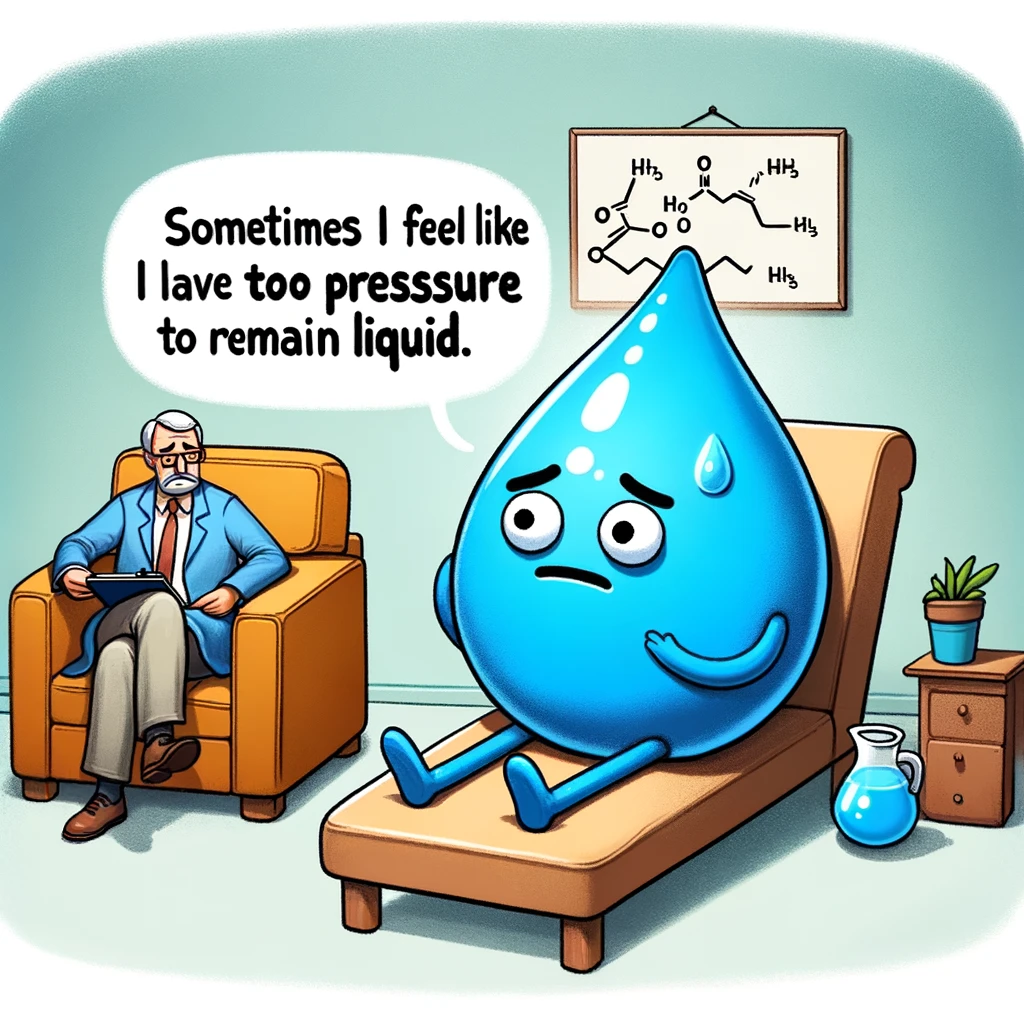 A cartoon of a water molecule sitting on a psychiatrist's couch, expressing its feelings. The water molecule has a sad face, and the caption reads, "Sometimes I feel like I have too much pressure to remain liquid."