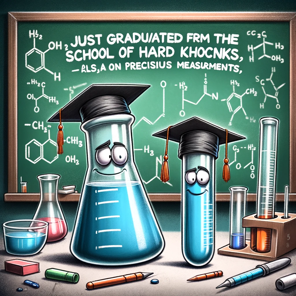 An image of a beaker and a test tube wearing graduation caps, standing proudly next to a chalkboard with complex chemical equations. The caption reads, "Just graduated from the school of hard knocks (and precise measurements)."