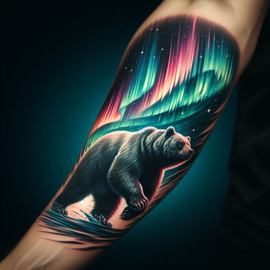 A tattoo of a bear in mid-stride, with a backdrop of the aurora borealis stretching across the inner forearm. The bear's movement is captured with dynamic lines and shading, while the northern lights are depicted in vibrant colors, creating a stunning contrast. This design symbolizes resilience and the beauty of nature's wonders, combining the bear's determined spirit with the mesmerizing allure of the night sky.