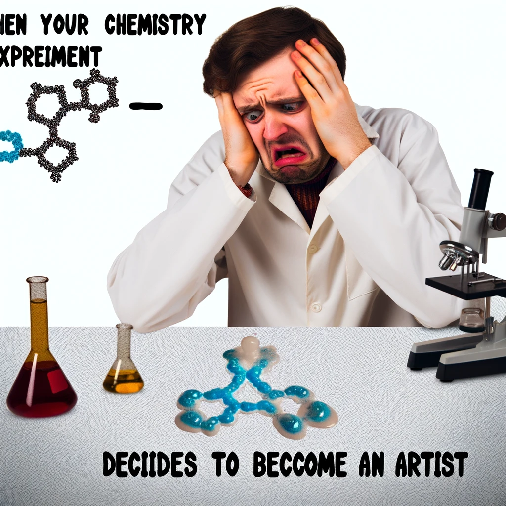 An image of a scientist looking confused at a chemistry set, with compounds forming unexpected shapes like hearts and stars. The caption reads, "When your chemistry experiment decides to become an artist."