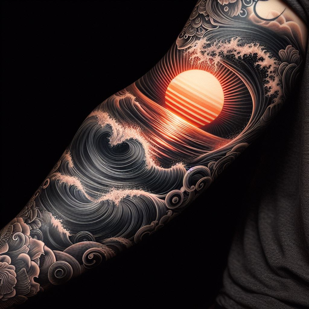 An ocean wave and sunset themed sleeve tattoo, with detailed depictions of the sea in motion and the sun setting on the horizon, covering the forearm.