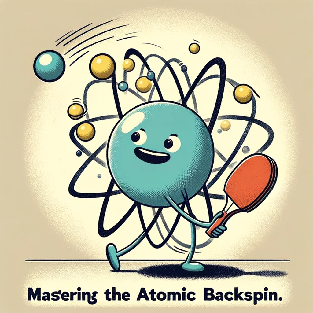 A playful image of an atom playing ping-pong with electrons as the ball. The nucleus is the player, holding a tiny ping-pong paddle. The caption says, "Mastering the atomic backspin."