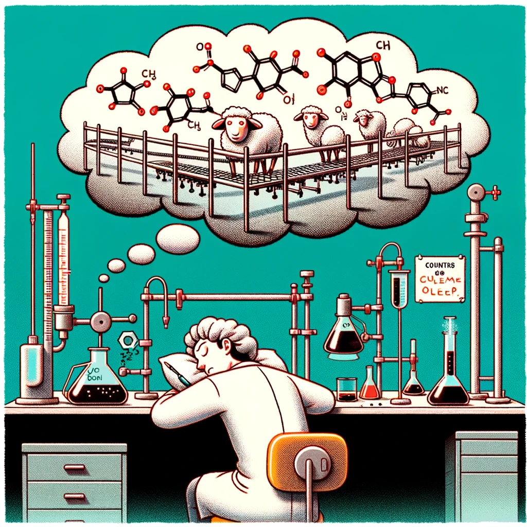 An illustration of a scientist asleep at a lab bench, surrounded by complex equipment. Dream bubbles show chemical structures morphing into sheep jumping over a fence. The caption reads, "Counting mole-cules to fall asleep."