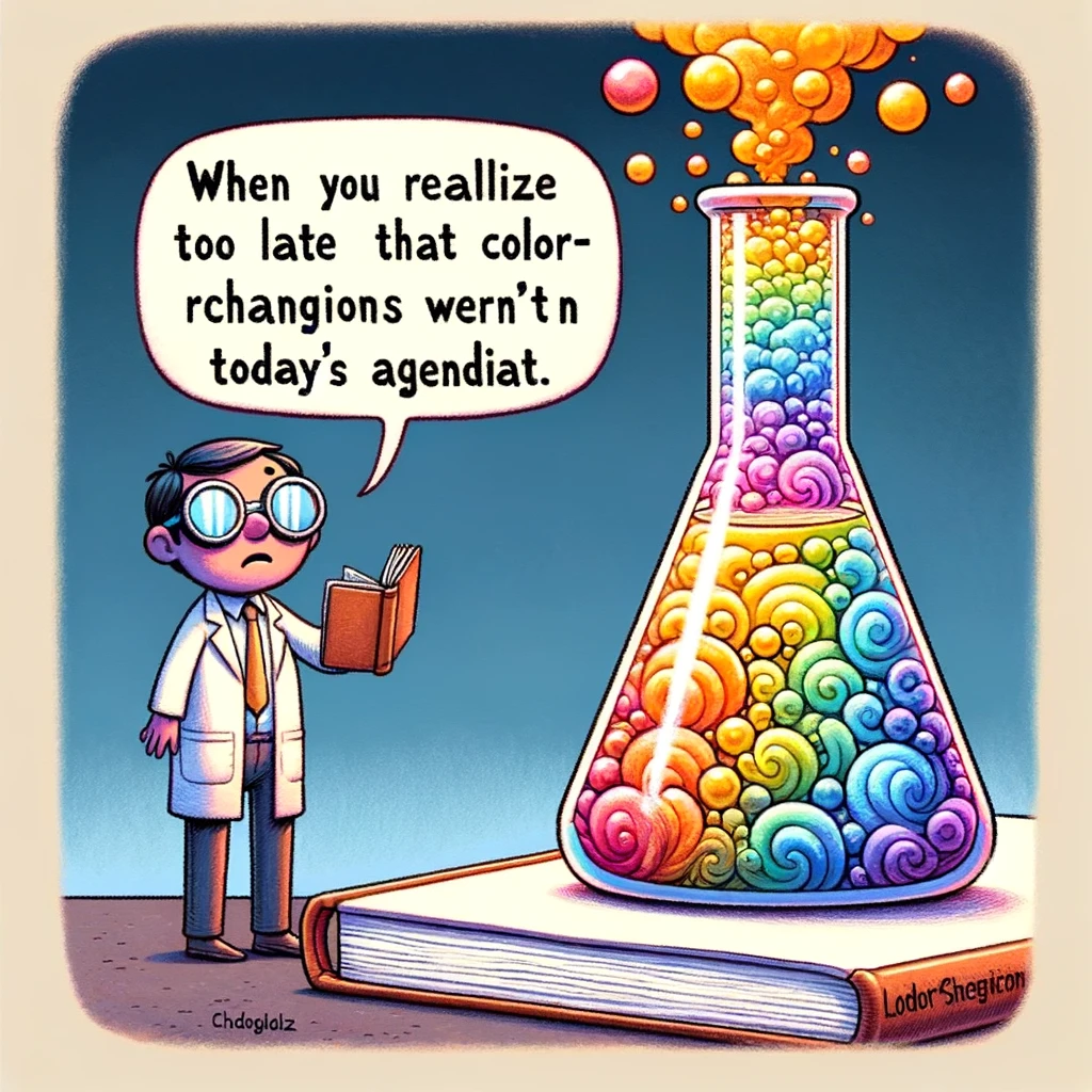 A whimsical image of a flask bubbling over with rainbow-colored liquid. A perplexed scientist stands nearby, holding a textbook upside down. The caption reads, "When you realize too late that color-changing reactions weren't on today's agenda."