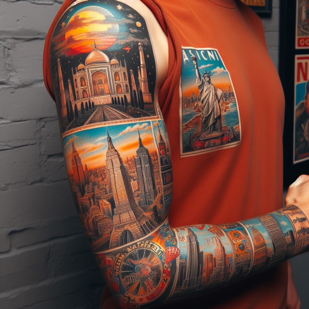 A sleeve tattoo showcasing a series of vintage travel posters and landmarks from around the world, inked in a retro style on the arm.