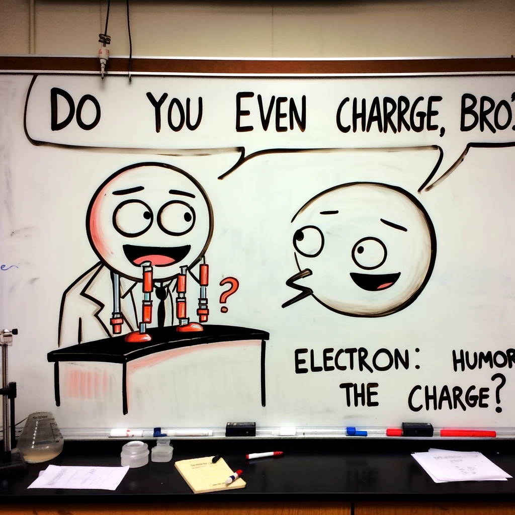 An image of a chemistry joke on a lab whiteboard, featuring a cartoon of an electron asking a proton, "Do you even charge, bro?" The caption below reads, "Electron humor: It's all about the charge."