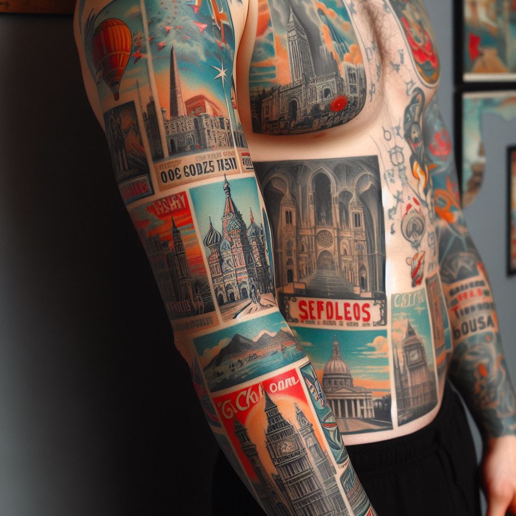 A sleeve tattoo showcasing a series of vintage travel posters and landmarks from around the world, inked in a retro style on the arm.