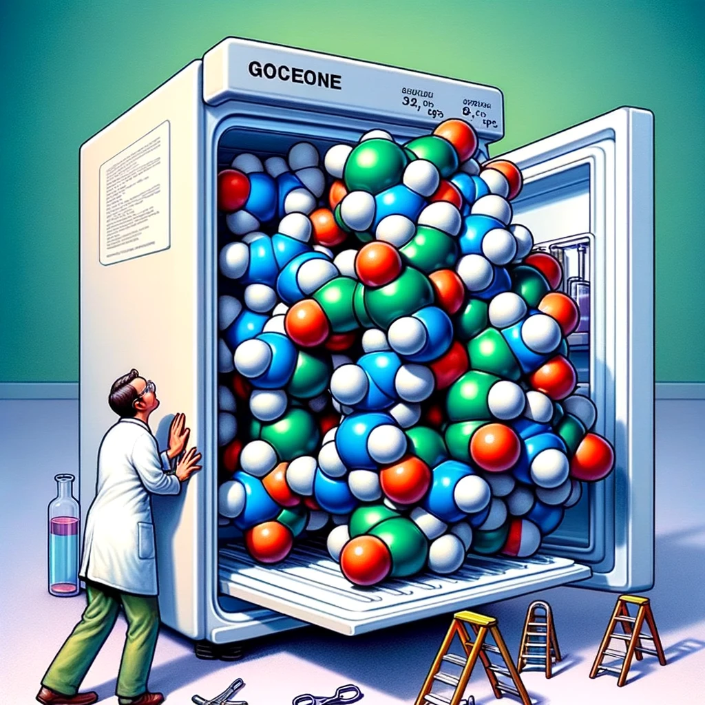 A funny image of a scientist trying to fit a giant molecular model into a small lab fridge, with the caption, "When you're told to keep your research cool, but no one specified the size."