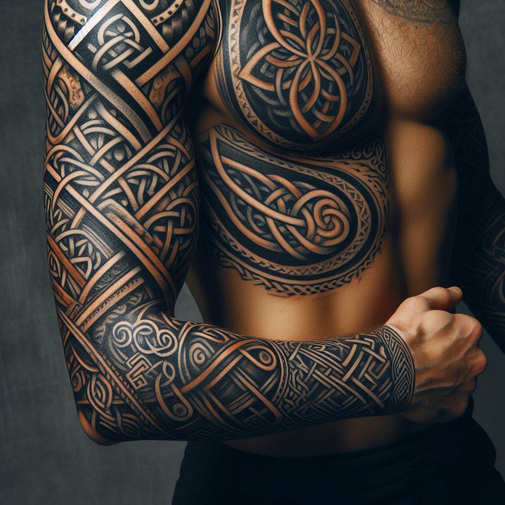 An intricate Celtic knotwork and tribal design sleeve tattoo, featuring traditional patterns and motifs, wrapping around the entire arm.