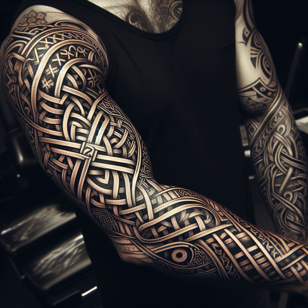 An intricate Celtic knotwork and tribal design sleeve tattoo, featuring traditional patterns and motifs, wrapping around the entire arm.