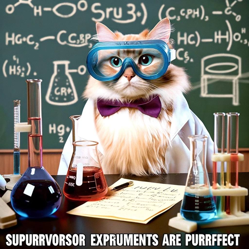 A humorous image of a cat wearing safety goggles and a lab coat, intently staring at a chemical reaction in a beaker. The caption reads, "Supurrvisor ensuring all experiments are purrfect."