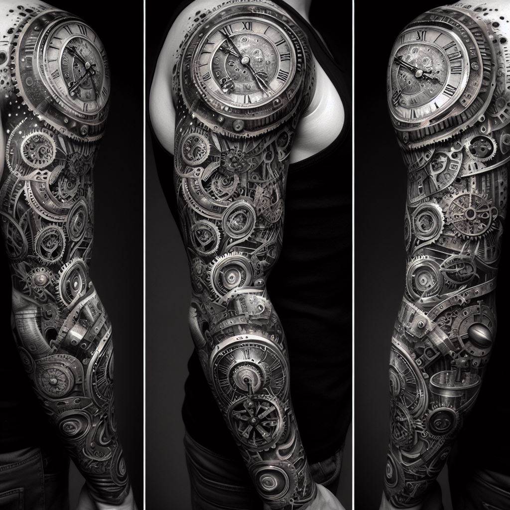 A sleeve tattoo illustrating a detailed steampunk scene with gears, clocks, and mechanical elements, designed for the full arm.