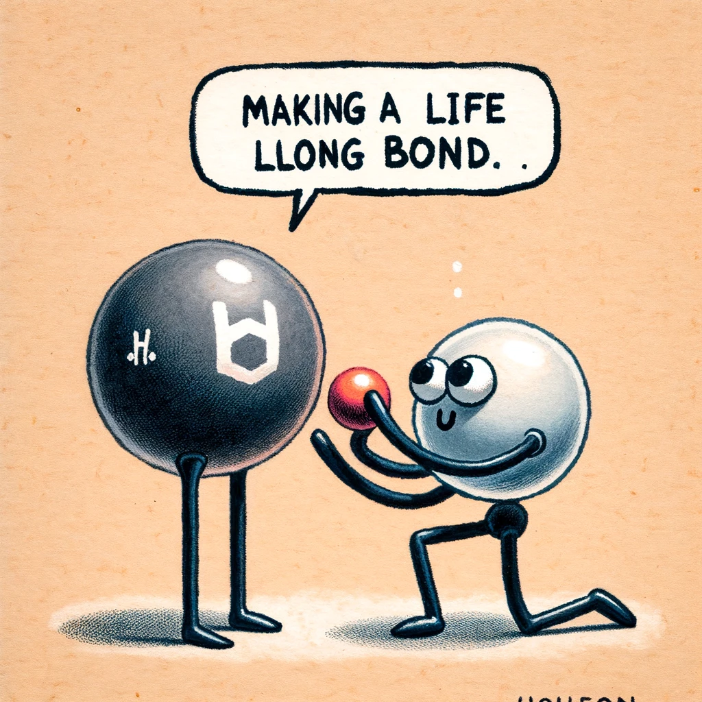 An image of a chemical bond proposal, with a carbon atom down on one knee offering an electron to a hydrogen atom. The caption says, "Making a lifelong bond."