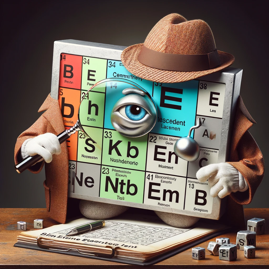 An image of a periodic table dressed as a detective, looking through a magnifying glass at a mystery element. The caption reads, "Solving the case of the missing element."
