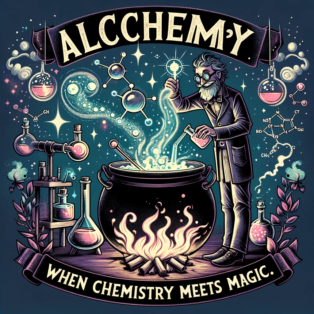 A whimsical image of a chemist mixing potions in a cauldron, with magical sparks flying out. The caption reads, "Alchemy: when chemistry meets magic."