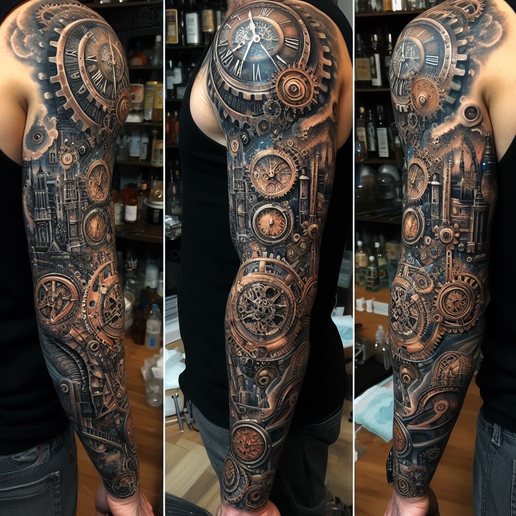 A sleeve tattoo illustrating a detailed steampunk scene with gears, clocks, and mechanical elements, designed for the full arm.