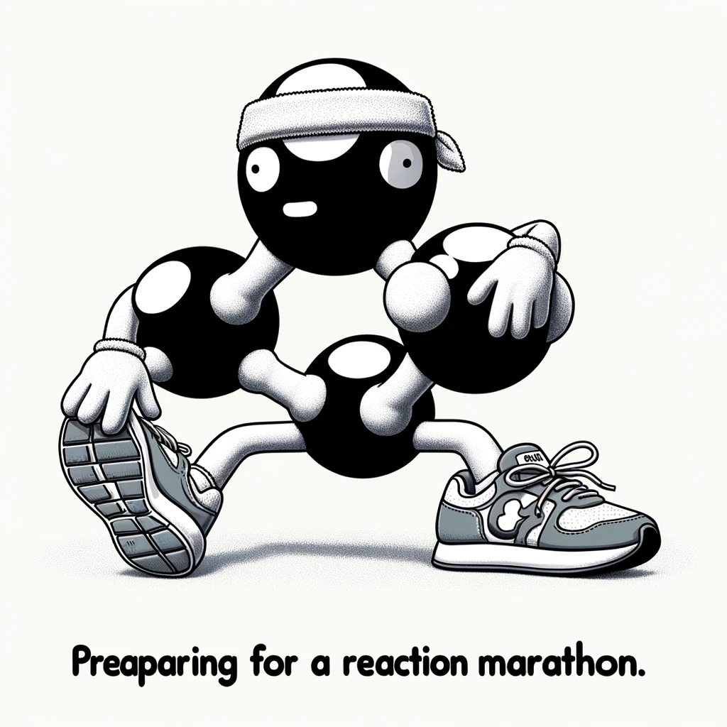 A playful image of a molecule stretching before a run, wearing a headband and sneakers. The caption reads, "Preparing for a reaction marathon."