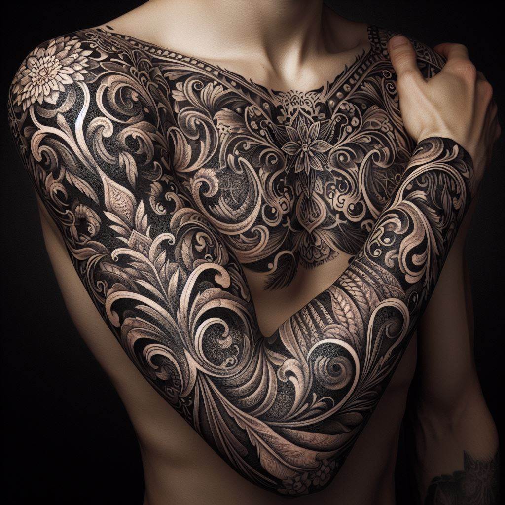 An ornamental sleeve tattoo with elaborate filigree and lace patterns, extending elegantly from the shoulder to the wrist.