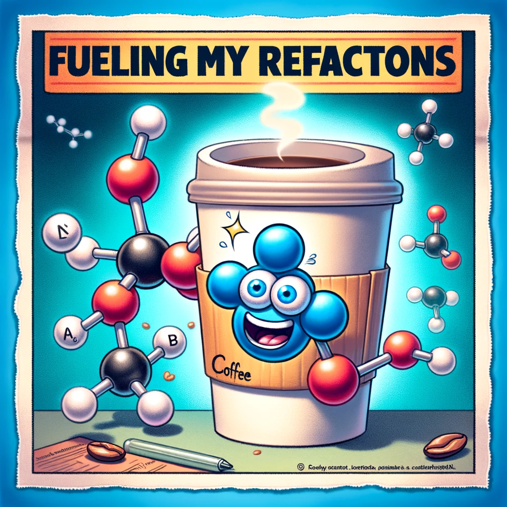 An illustration of a caffeine molecule holding a coffee cup, with a bright and alert expression. The caption reads, "Fueling my reactions."