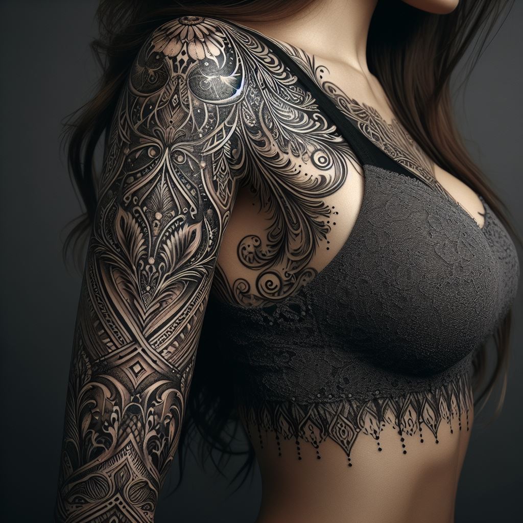 An ornamental sleeve tattoo with elaborate filigree and lace patterns, extending elegantly from the shoulder to the wrist.