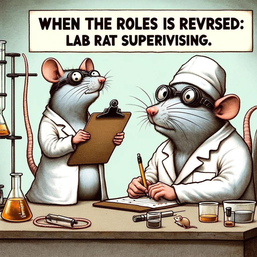 A comical image of a lab rat wearing a lab coat and goggles, holding a clipboard and taking notes on a human scientist's experiment. The caption reads, "When the roles are reversed: Lab rat supervising."