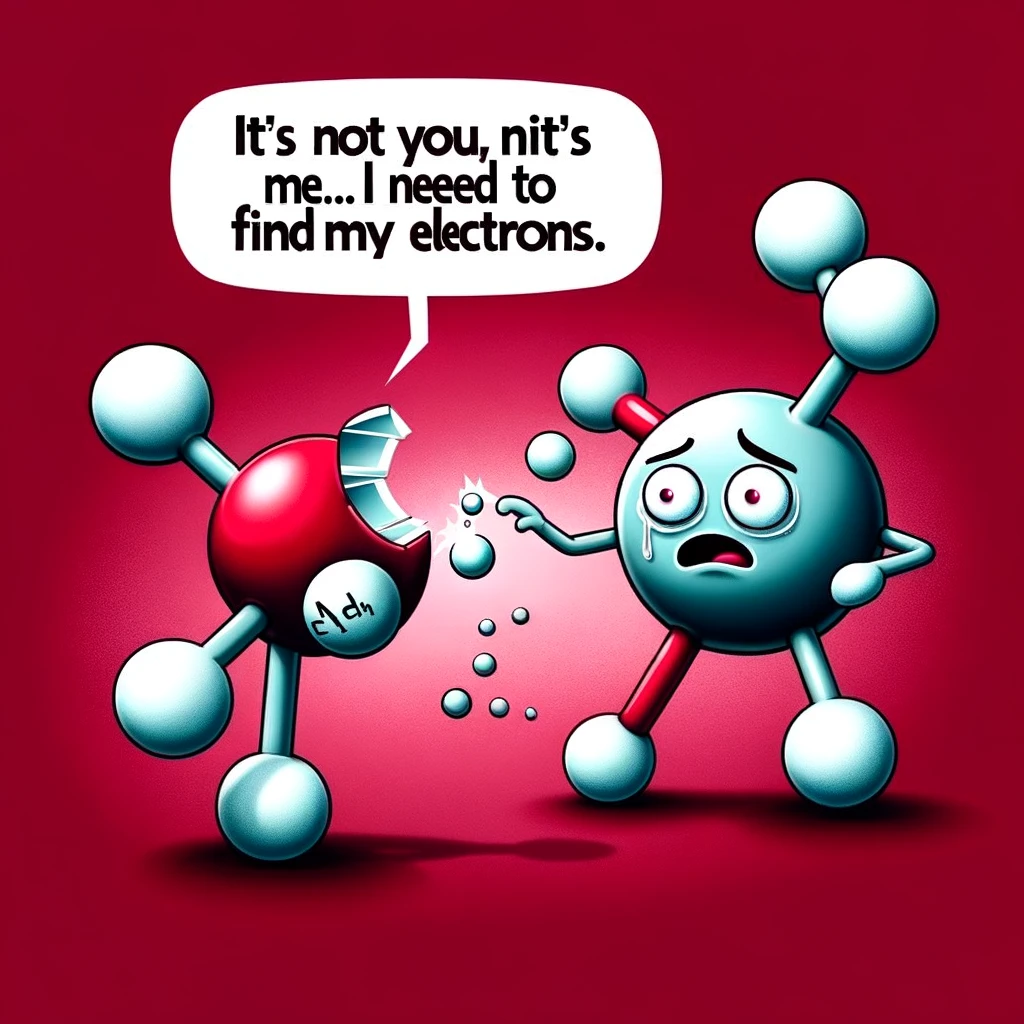 An image of a molecule looking shocked at a broken bond, with a caption that reads, "It's not you, it's me... I need to find my own electrons."