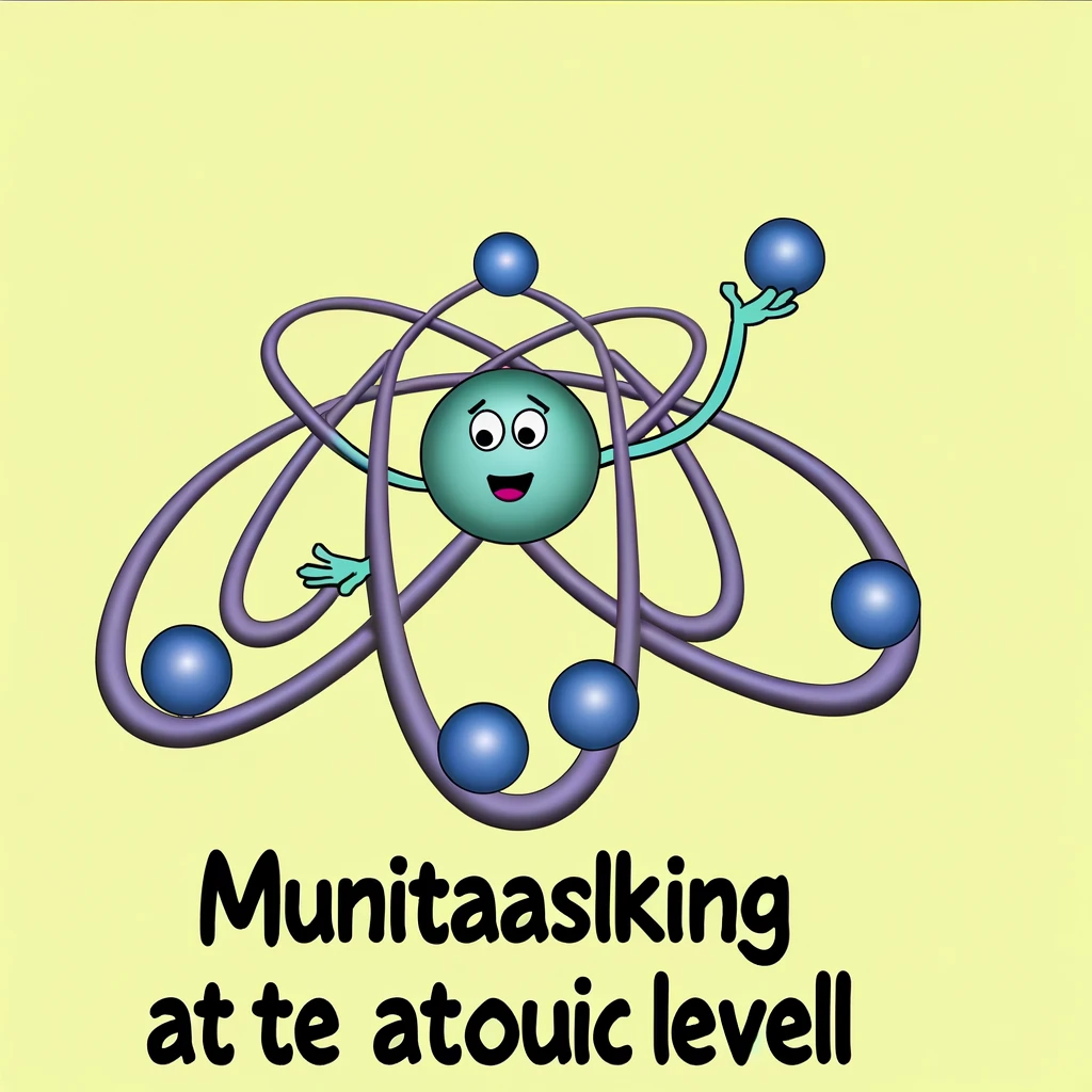 A playful image of an atom with multiple arms juggling its electrons, looking focused and determined. The caption reads, "Multitasking at the atomic level."