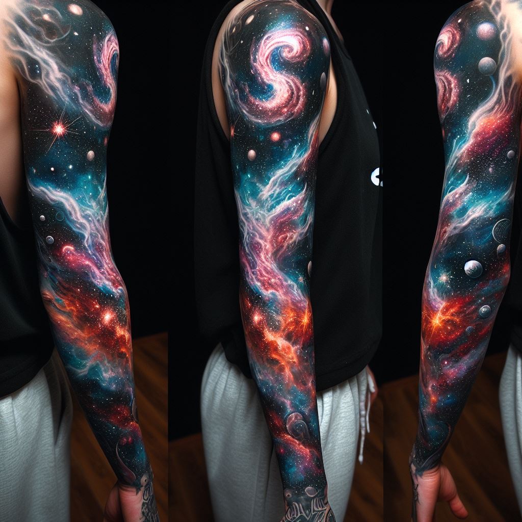A sleeve tattoo featuring a cosmic galaxy theme, with swirling nebulas, shooting stars, and planets, covering the arm in vibrant colors.