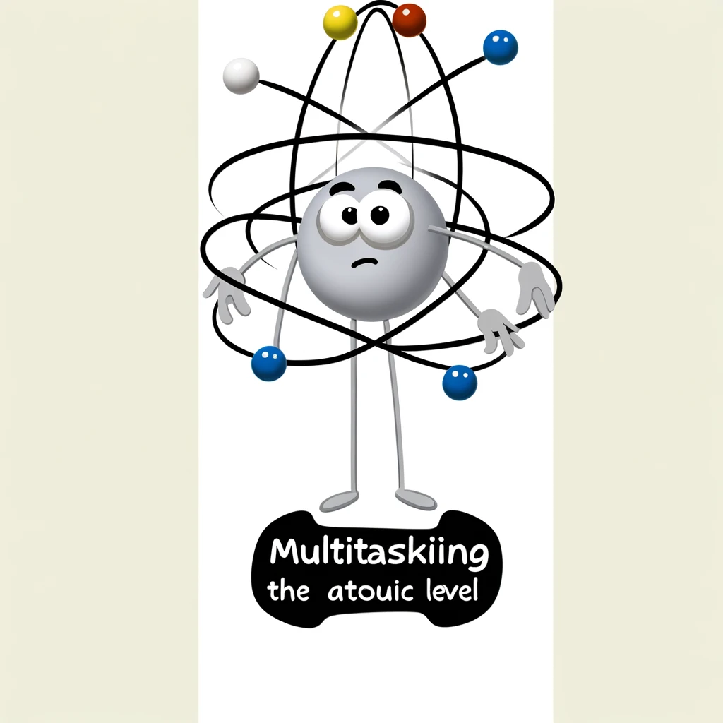 A playful image of an atom with multiple arms juggling its electrons, looking focused and determined. The caption reads, "Multitasking at the atomic level."