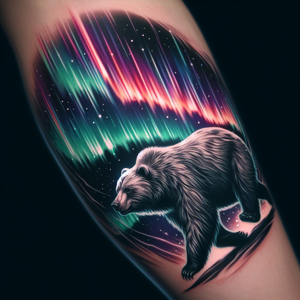 A tattoo of a bear in mid-stride, with a backdrop of the aurora borealis stretching across the inner forearm. The bear's movement is captured with dynamic lines and shading, while the northern lights are depicted in vibrant colors, creating a stunning contrast. This design symbolizes resilience and the beauty of nature's wonders, combining the bear's determined spirit with the mesmerizing allure of the night sky.