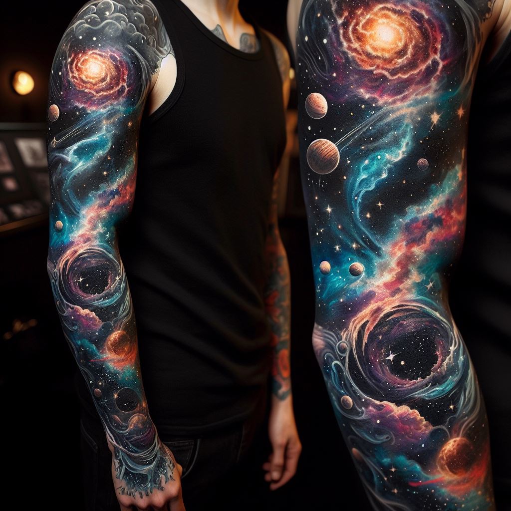 A sleeve tattoo featuring a cosmic galaxy theme, with swirling nebulas, shooting stars, and planets, covering the arm in vibrant colors.