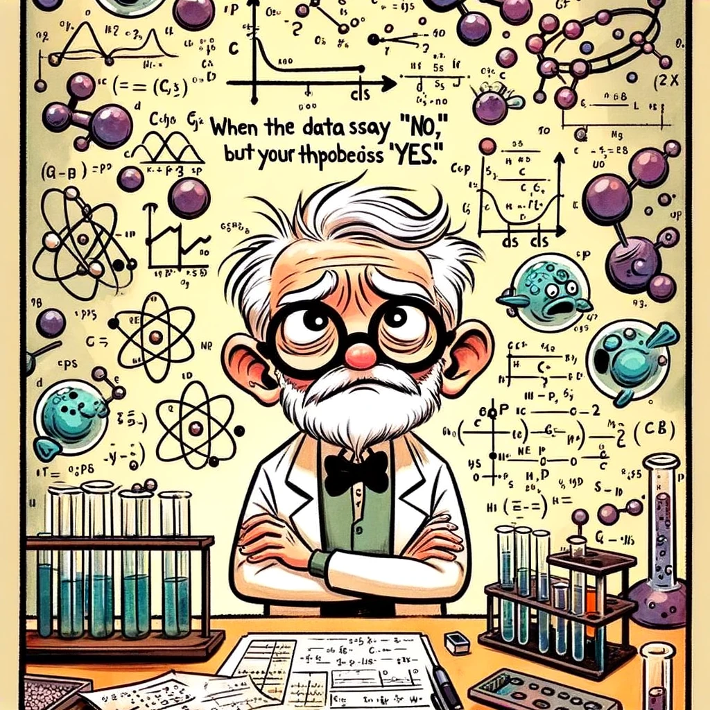 An illustration of a scientist in a lab, surrounded by floating equations and molecules, looking bewildered. The caption reads, "When the data says 'no,' but your hypothesis says 'yes.'"
