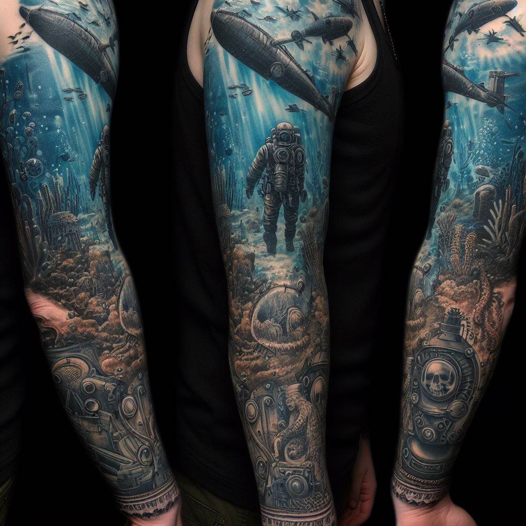 An undersea adventure-themed sleeve tattoo, with detailed illustrations of divers, submarines, and ancient ruins beneath the ocean, wrapping around the forearm.