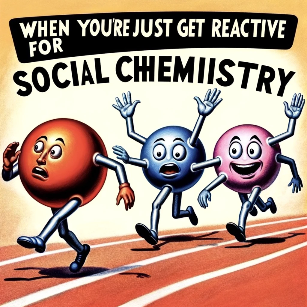 A humorous image of two atoms running away from a third, with the caption, "When you're just too reactive for social chemistry."