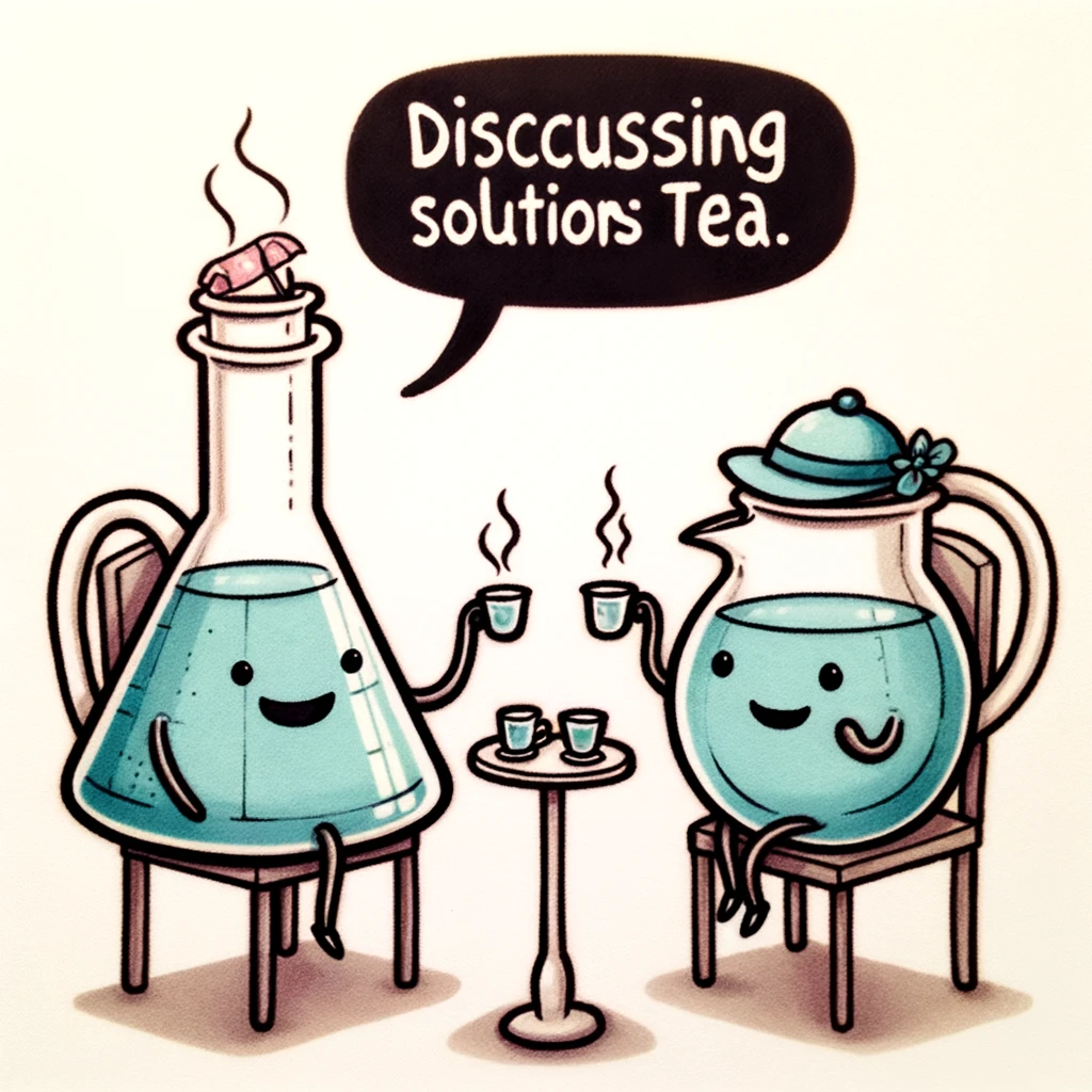 A funny illustration of a beaker and a flask having a tea party, wearing tiny hats and discussing chemical reactions. The caption reads, "Discussing solutions over tea."